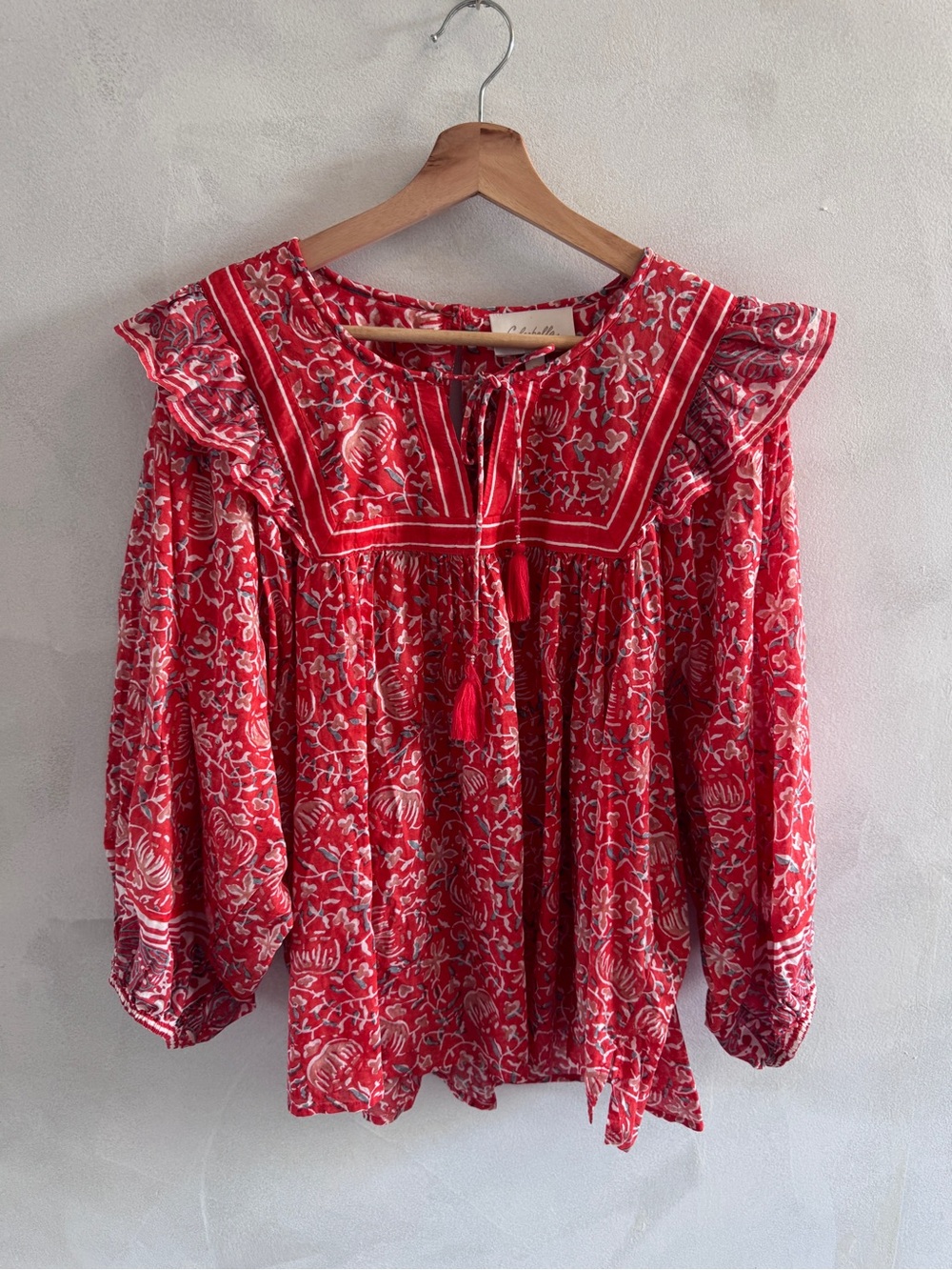 Cleobella - Red Floral Peasant Blouse with Tassel Detail